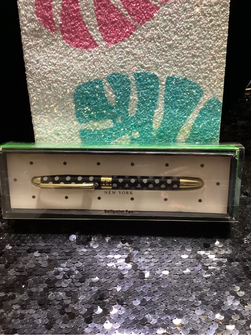 kate spade black and gold polka dot ballpoint pen with Sparkly Notebook